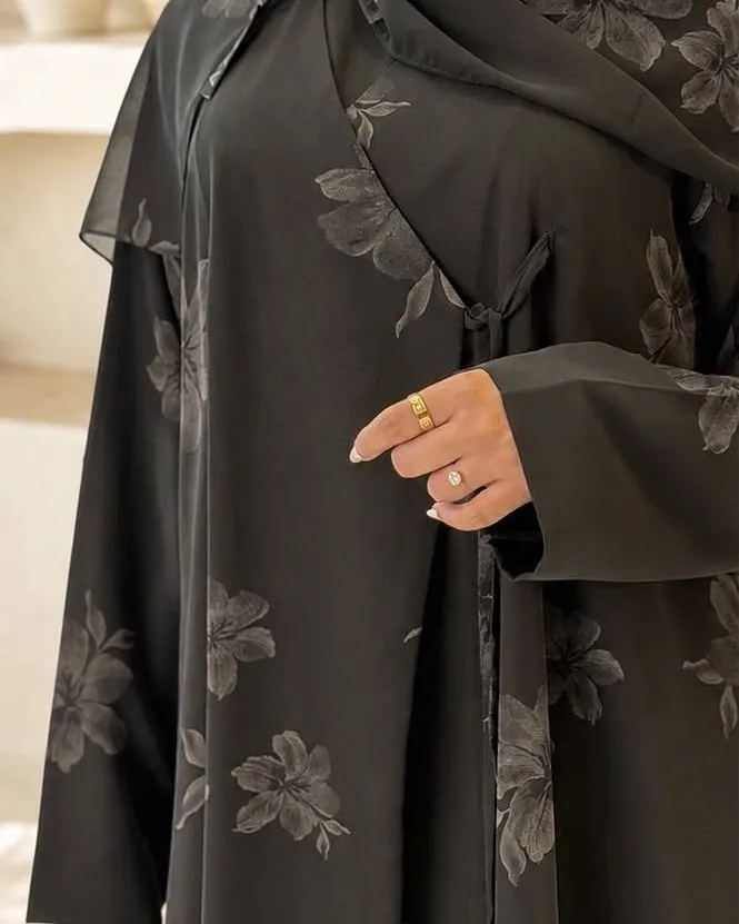 Grey floral print and side tie on the black abaya