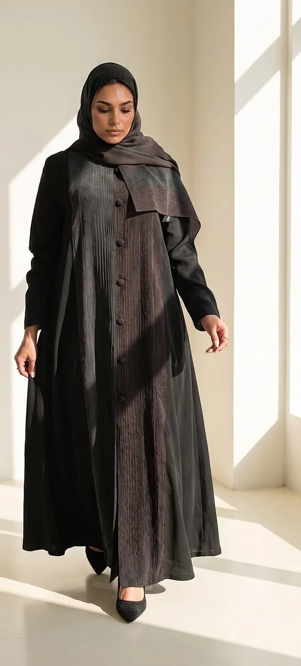 Model walking in a black abaya with a pleated brown front panel in a bright room